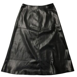 Mango MNG Faux Leather Skirt Womens Size‎ M Black A-Line Midi Panel Stitching